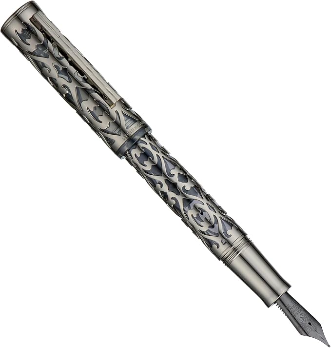 Hongdian D1 Piston Fountain Pen Fine Soft Nib, Jet Black Hollow Skeleton & Resin Pen with Metal Case Set-DeskLoop Office