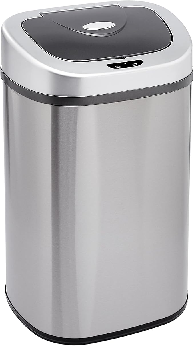 Amazon Basics Automatic Trash Can with Lid, Hands-Free, Stainless Steel, D-Shaped 80 l, 2 Bins-DeskLoop Office