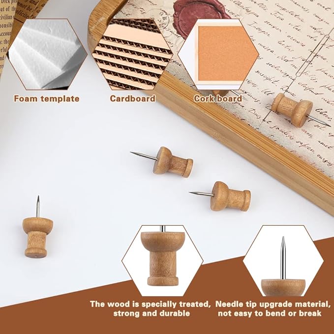 150 Pcs Push Pins for Cork Board, Decorative Thumb Tacks Wooden Push Pins Head Pin Wood Map Tacks Marking Pin, Wood Thumb Tacks Decorative for Bulletin Boards Craft Projects with Storage Box, Coffee-DeskLoop Office