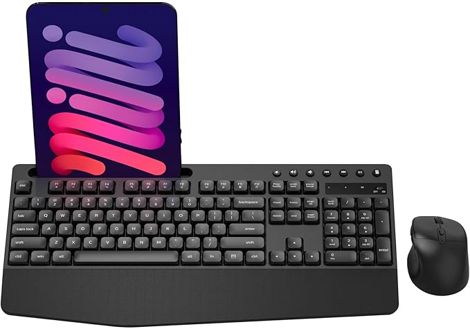 Wireless Keyboard and Mouse Combo, Full-Sized Ergonomic Keyboard with Wrist Rest, Phone Holder, Sleep Mode, Silent 2.4GHz Cordless Keyboard Mouse Combo for Computer, Laptop, PC, Mac, Windows-DeskLoop Office