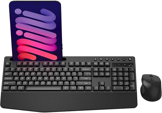 Wireless Keyboard and Mouse Combo, Full-Sized Ergonomic Keyboard with Wrist Rest, Phone Holder, Sleep Mode, Silent 2.4GHz Cordless Keyboard Mouse Combo for Computer, Laptop, PC, Mac, Windows-DeskLoop Office
