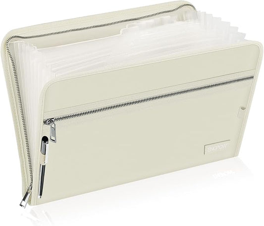 ENGPOW Accordion File Organizer,Fireproof 13 Pockets Expanding File Folder,Document Organizer Folder with Zipper&Labels,Portable Home Travel Safe Storage for Letter A4 Files and More,Beige-DeskLoop Office