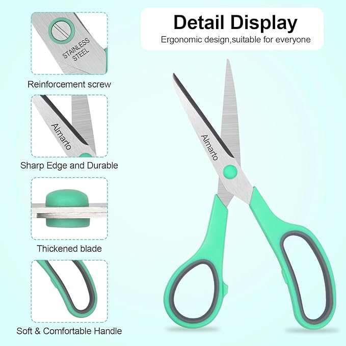 Scissors, Rkqoa 8" All Purpose Titanium Scissor Set of 6 Pack - 2.5mm Thick Sharp Scissors Bulk for Office School Sewing Craft Supplies, Classroom Must have, Teacher/Class Shears, Right/Left Handles