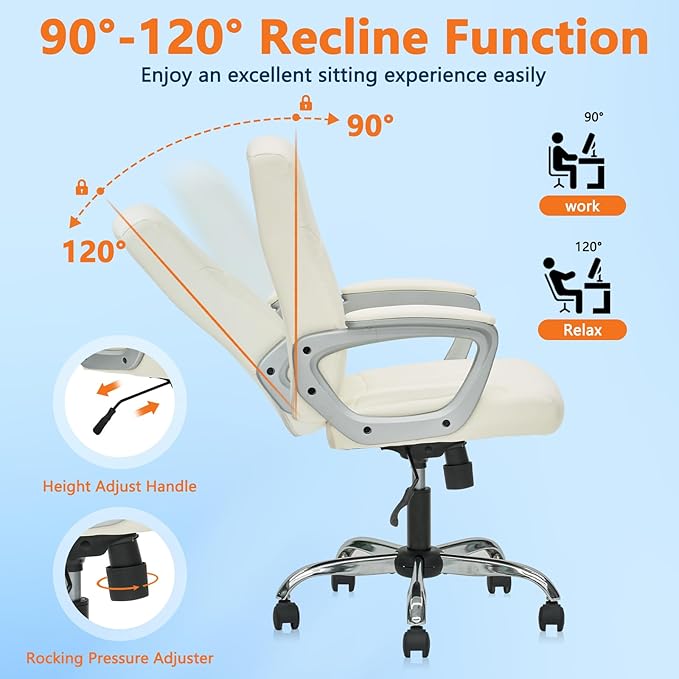 CLATINA Office Computer Desk Chair Executive Mid Back Chair Comfortable Ergonomic Managerial Chair Adjustable PU Leather Home Office Desk Chair Swivel, White 1PK-DeskLoop Office