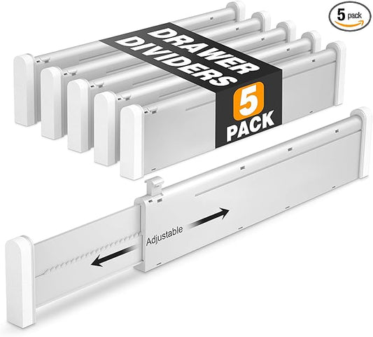 HiYZ Expandable Drawer Dividers - 12.6-22.8'' Adjustable Drawers Organizers for Kitchen Utensils, Drawer Separators in Bedroom, Dresser, Office, Bathroom, Fridge, 5 Pack Long Dividers-Gray-DeskLoop Office