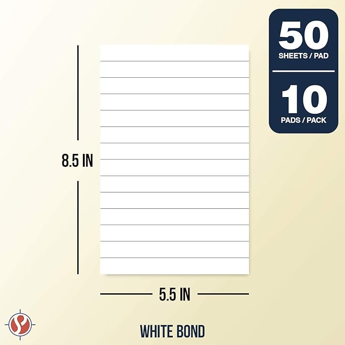 Memo Pads, White, With Black Lines – Lined Paper Notepads, Scratch / Writing Pad for Planning, To-Do Lists, Appointments, Reminders, Home, Office – 50 Sheets Per Pad, 10 Pads per Pack – 8.5" x 5.5"-DeskLoop Office