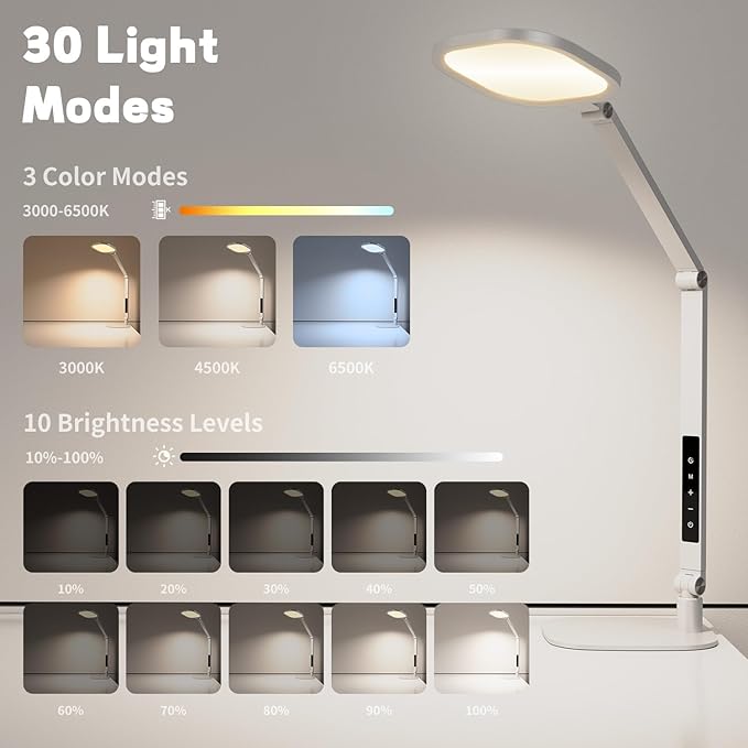 LED Desk Lamp for Home Office, Desk Light for Video Call, 3 Color Temperature 10 Brightness Computer Light, Dimmable Led Desk Light with Memory & Timer Func, Metal Swing Arm Architect Desk Lamp White-DeskLoop Office