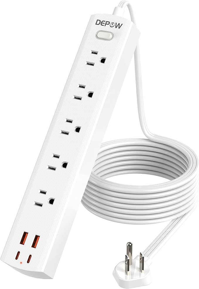 10 Ft Ultra Thin Extension Cord, 5-Outlet Power Strip Surge Protector with 4 USB Ports (2 USB C), 1875W/15A, Low Profile Flat Plug, 1700 Joules, Wall Mount for Home Office, White-DeskLoop Office
