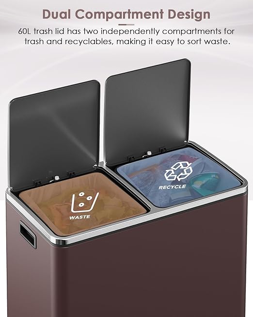 AthLike 60L(16 Gal) Dual Trash Can, Stainless Steel Kitchen Garbage Can, Double Compartment Classified Rubbish Bin, Recycle Dustbin w/Plastic Inner Buckets, Handle, Soft-Close Lid, Airtight, Brown-DeskLoop Office