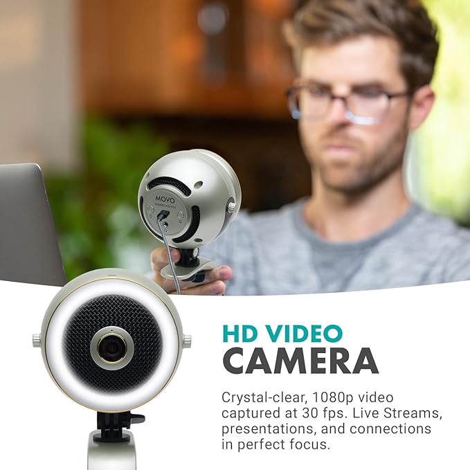 Movo WebMic HD Pro All-in-One Webcam with Mic and Ring Light in Silver- 1080p HD Camera, Pro Cardioid Condenser Microphone, LED Ring Light -HD Webcam for Streaming, Video Calls, Recording, Gaming-DeskLoop Office