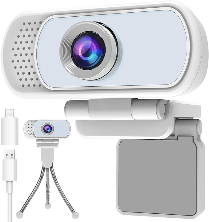1080p White Webcam with Microphone, USB Web Camera 110-Degree View Angle Computer Camera,Webcam Tripod/Privacy Cover/USB C Adapter Include,Plug and Play Web Cam for Video Conferencing Streaming-DeskLoop Office
