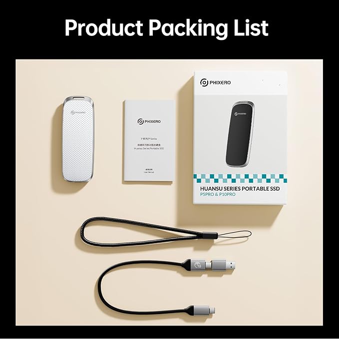 PHIXERO P10PRO External NVMe SSD 2TB, Up to 1050MB/s, USB 3.2 Gen2, Includes 2-in-1 USB C Cable, Portable Hard Drive for iPhone 15+/Android/Windows/Mac, White-DeskLoop Office