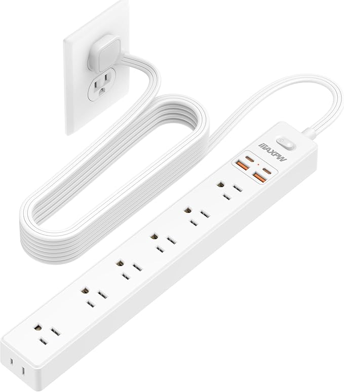 10 Ft Power Strip Surge Protector - 7 Outlets 4 USB Ports (2 USB C), Ultra Thin Flat Extension Cord & Flat Plug, 1700 Joules, Wall Mount, Desk Charging Station for Home Office Dorm, White-DeskLoop Office