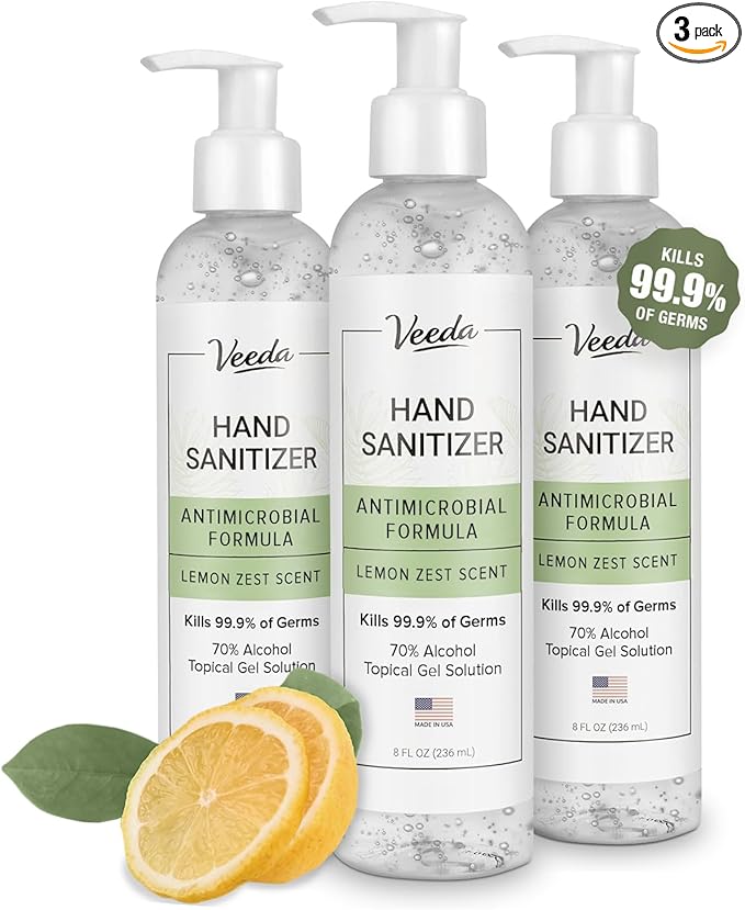 Veeda Scented Hand Sanitizer with Lemon Zest Scent - Moisturizing Clear Gel with Vitamin E & Antimicrobial Formula- Contains 70% Ethyl Alcohol - Hand Sanitizer Travel Size, Made in USA (3 x 8 fl. oz)-DeskLoop Office