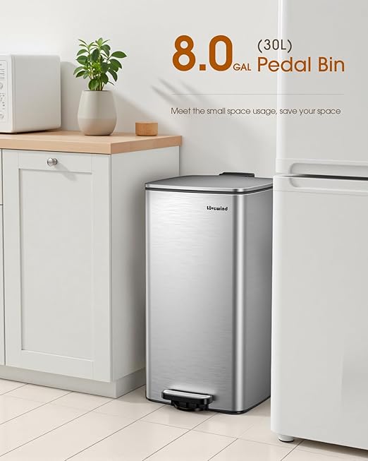 Lovewind Kitchen Trash Can with Lid, 8 Gallon/30 L Footstep Garbage Can for Kitchen Bedroom Home Office, 30 Liter Trash Bin Brushed Stainless Steel Waste Bin with Soft-Close Lid,Silver-DeskLoop Office