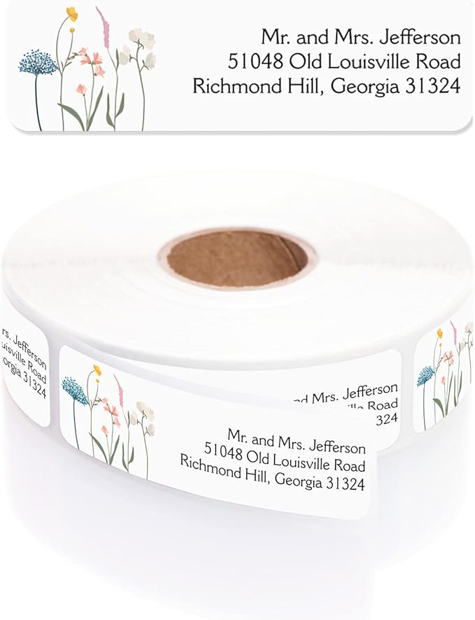 Wildflower Rolled Address Labels / 250 Personalized Return Address Labels/Designer Address Stickers in Elegant Plastic Dispenser-DeskLoop Office