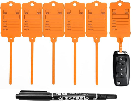 50 Car Key Tags with Labels Plastic Car Dealership Key Tags Self Locking Automotive Identifiers Blank Shop Labels with One Pen (Orange)-DeskLoop Office