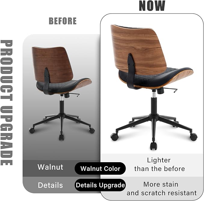 Home Office Chair No Arms with Wheels, Adjustable Height Small Desk Chair, PU Leather Mid Back 360 Swivel Computer Chair, Armless Modern Walnut Chair for Office, Reading Meeting Room(Black)-DeskLoop Office