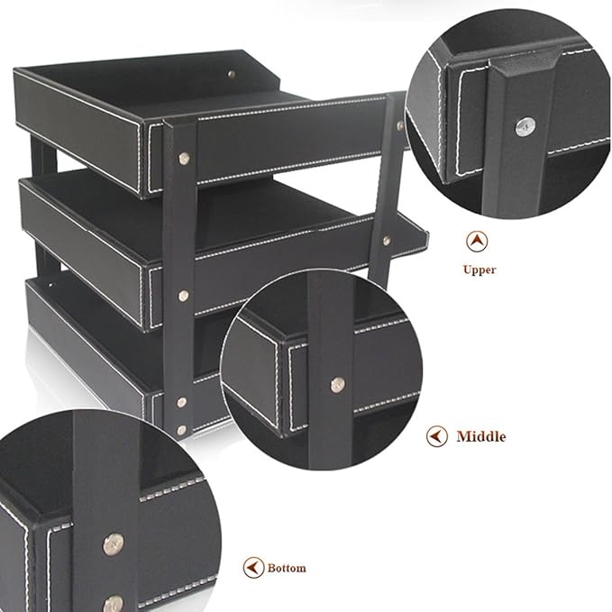 KINGFOM Letter Tray, Leather Paper Organizer Tray, Wooden Desk File Holder, Desktop File, Stackable Magazine Holder, Mail Sorter, Great for Home or Office - 3 Level Brown-DeskLoop Office