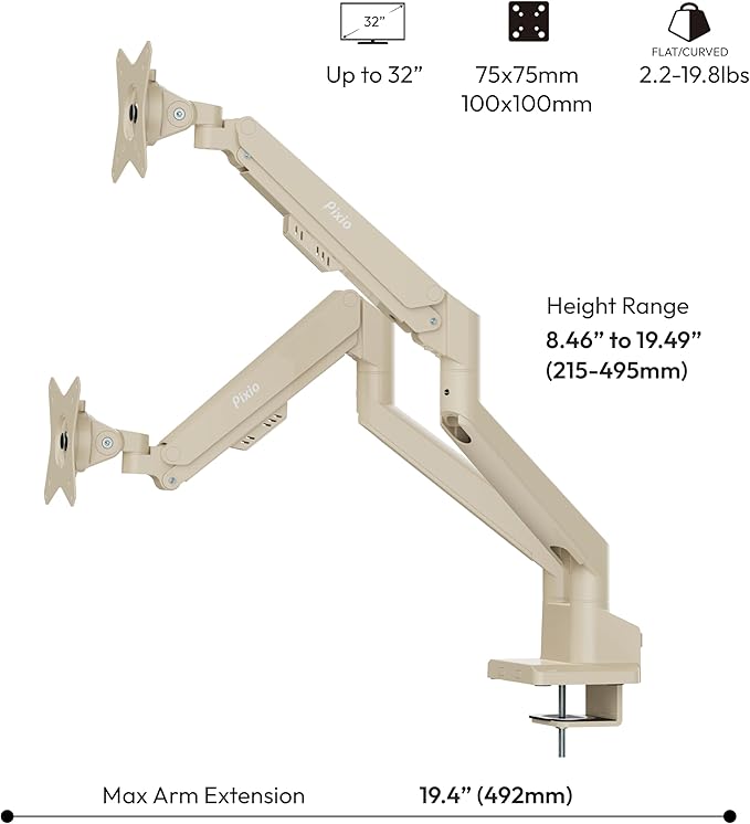 Pixio PS1D Wave Beige Dual Monitor Arm Stand Desk Mount - Fits up to 32 inches Monitors and up to 19.8lbs. VESA Compatibility and Integrated Cable Management-DeskLoop Office