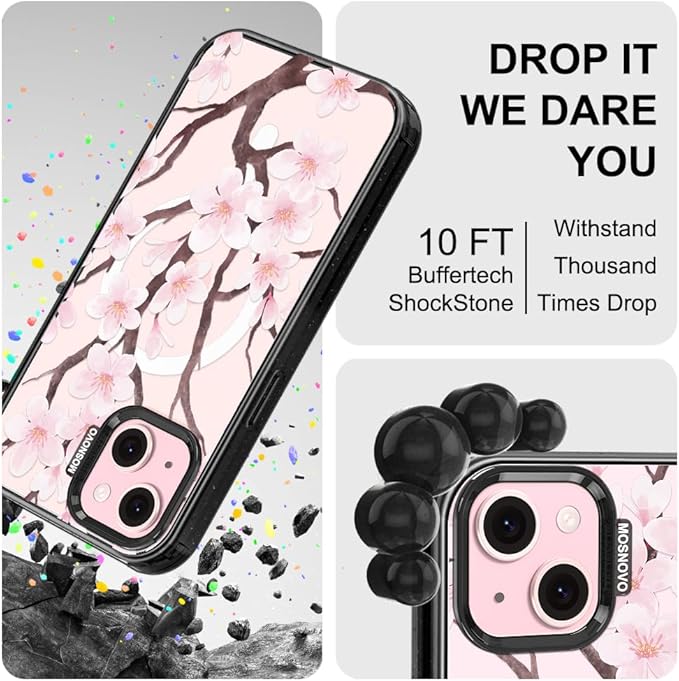 MOSNOVO Magnetic Case for iPhone 15, 10ft Military-Grade Protection, Compatible with Magsafe, Shockproof Phone Case for iPhone 15 - Cherry Blossom - Clear Black-DeskLoop Office