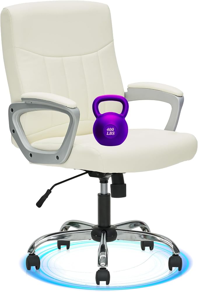 CLATINA Office Computer Desk Chair Executive Mid Back Chair Comfortable Ergonomic Managerial Chair Adjustable PU Leather Home Office Desk Chair Swivel, White 1PK-DeskLoop Office