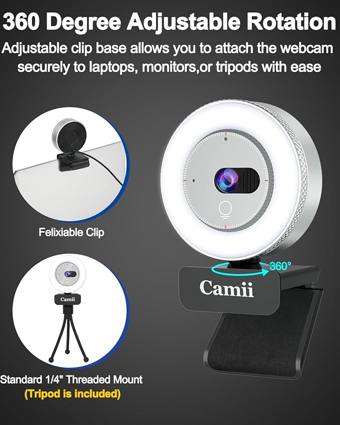 2K Webcam with Light, HD Webcam for PC with Built-in Privacy Cover, Adjustable Brightness, Noise Reduction Mics, for Zoom Skype Teams Laptop and Google Meet-DeskLoop Office