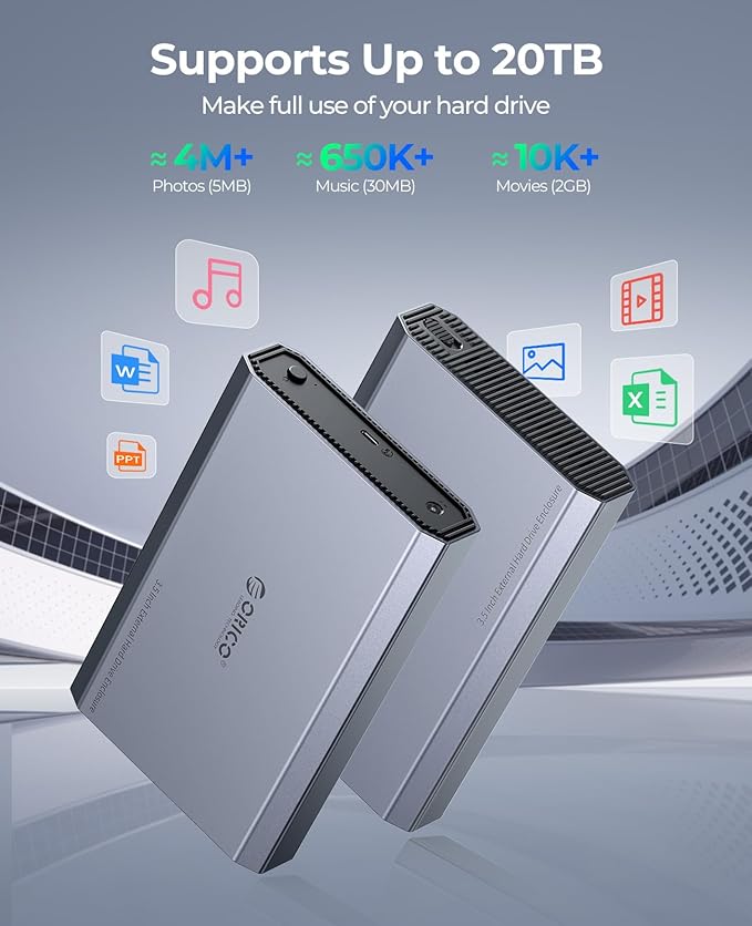 ORICO Aluminum 3.5 Hard Drive Enclosure with USB 3.2 Gen 2 6Gbps Transfer Speed, Fit for 3.5/2.5 Inch SATA HDD SSD Up to 20TB, USB C to USB C/A 2 in 1 Cable Compatible with MacBook Windows(DD35-C3)-DeskLoop Office