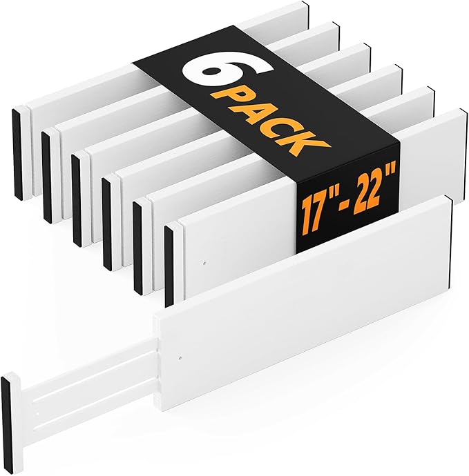 SpaceAid Bamboo Dresser Drawer Dividers 6 Pack, 4.65“ High Adjustable 17“-22” Drawer Organizers, Expandable Organization for Clothing, Clothes, Dressers, White-DeskLoop Office