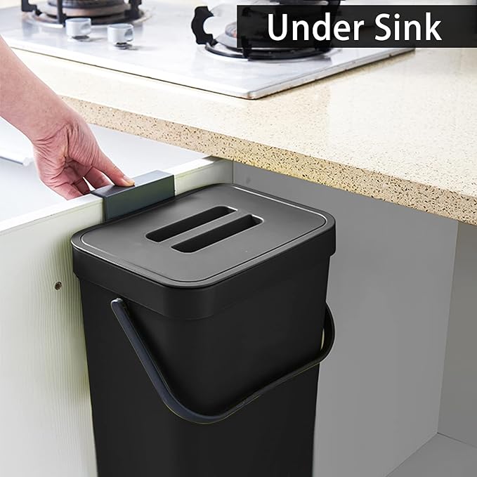stonespace Under Sink Trash Can,Kitchen Compost Bin, Diaper Pail, 3.2 Gallon/12L Hanging Garbage Can for Baby Crib/Bathroom/Cupboard, Plastic Food Waste Bin,1 Pack Black-DeskLoop Office