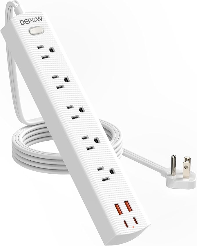 Power Strip Surge Protector with 5 AC Outlets(1875W/15A) 4 USB Ports (2 USB C), 5 Ft Ultra Thin Extension Cord, Low Profile Flat Plug, 1700 Joules, Wall Mount for Home Office, White-DeskLoop Office
