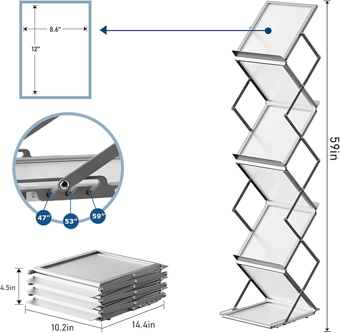 6 Pockets Foldable Aluminum Magazine Rack - Brochure Display Stand, Brochure Catalog Literature Display Stand with Carrying Bag for Exhibition, Trade Show, Office, Retail Store-DeskLoop Office