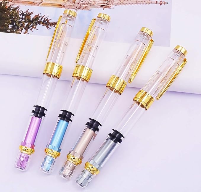 Lanxivi 4 Colors Yongsheng 3008A Fountain Pen Piston Filling Upgraded Fine Nib,Transparent Gold Trim-DeskLoop Office