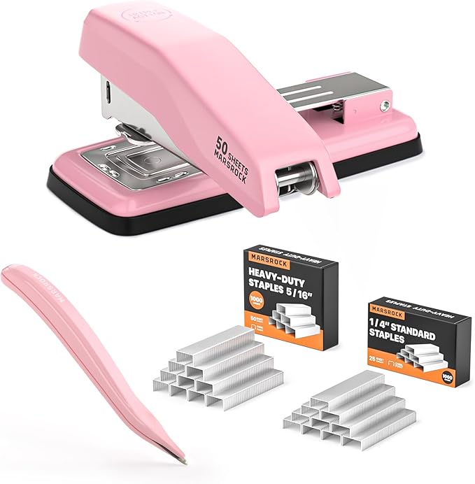 Desktop Stapler, Swing-Arm Swivel Stapler, 50 Sheet Capacity, 2000 Staples and Staple Remover, Rotatable Heavy Duty Staplers for Office, Home, Classroom, Booklet, Book Binding,Pink-DeskLoop Office