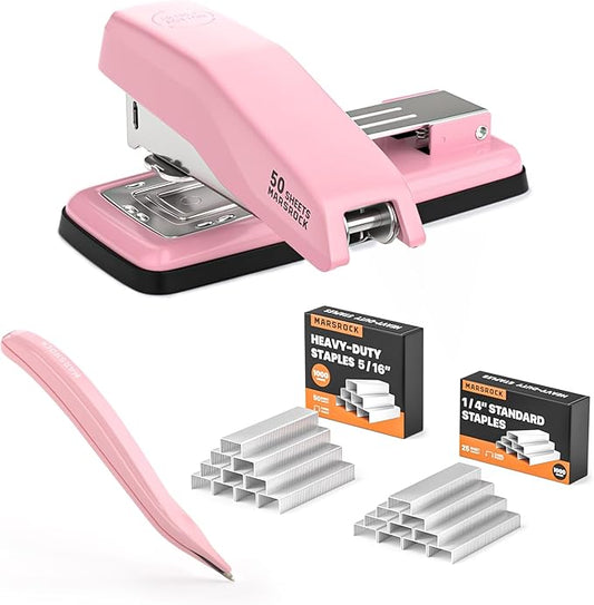 Desktop Stapler, Swing-Arm Swivel Stapler, 50 Sheet Capacity, 2000 Staples and Staple Remover, Rotatable Heavy Duty Staplers for Office, Home, Classroom, Booklet, Book Binding,Pink-DeskLoop Office