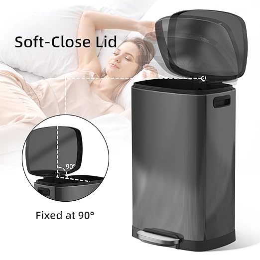 KUK 13 Gallon Kitchen Trash Can with Lid, 50L/13Gal Office Step Garbage Can for Home, Kitchen, Laundry Room, Office, Brushed Stainless Steel, Titanium Black-DeskLoop Office