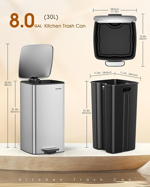 Lovewind Kitchen Trash Can with Lid, 8 Gallon/30 L Footstep Garbage Can for Kitchen Bedroom Home Office, 30 Liter Trash Bin Brushed Stainless Steel Waste Bin with Soft-Close Lid,Silver-DeskLoop Office