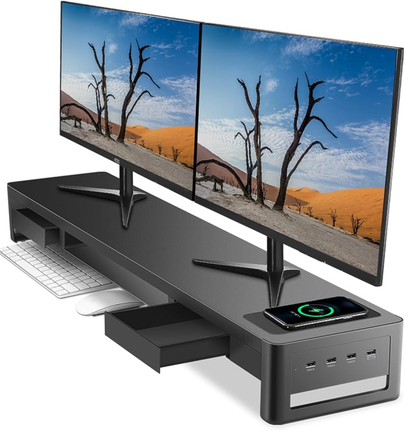 meatanty Dual Monitor Stand Riser with 2 Drawers,4 USB Ports and Charging Pad,Metal Monitor Stand for 2 Monitors Supports Transfer Data and Charging,Desk Organizer for PC,iMac(38.7 inches)-DeskLoop Office