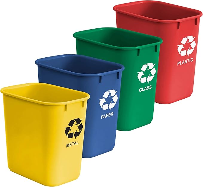 Acrimet Wastebasket Bin for Recycling, 6.75 Gallon/ 27 Quart/ 25.552 Liter (Made of Plastic) (Metal/Yellow, Paper/Blue, Glass/Green, Plastic/Red) (Set of 4)-DeskLoop Office