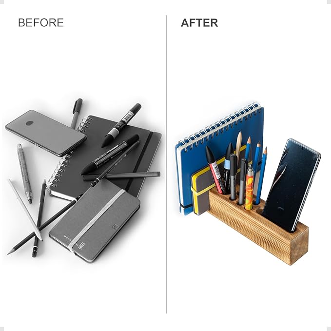 Hoffenwell Wooden Desk Organizer with Phone Holder – Stylish & Functional Book, Pen and Cell Phone Charging Stand - Solid Wood Pen Holder for Desk-DeskLoop Office