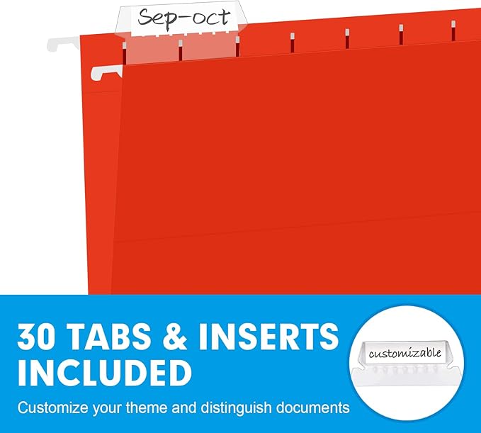 Hanging File Folders, RAZCC 30 Pack Reinforced Hanging Folders Letter Size, Designed for Bulky Files, Filing Cabinet, Adjustable Tabs, Assorted Colors-DeskLoop Office