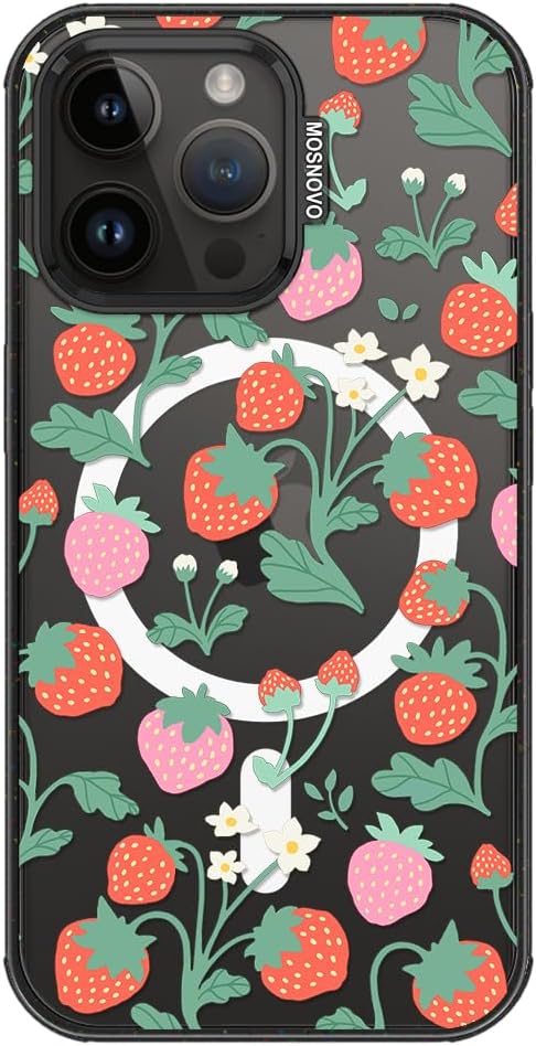 MOSNOVO Magnetic Case for iPhone 14 Pro Max, 10ft Military-Grade Protection, Compatible with Magsafe, Shockproof Phone Case for iPhone 14 Pro Max - Strawberry Garden - Clear Black-DeskLoop Office