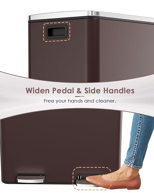 AthLike 60L(16 Gal) Dual Trash Can, Stainless Steel Kitchen Garbage Can, Double Compartment Classified Rubbish Bin, Recycle Dustbin w/Plastic Inner Buckets, Handle, Soft-Close Lid, Airtight, Brown-DeskLoop Office