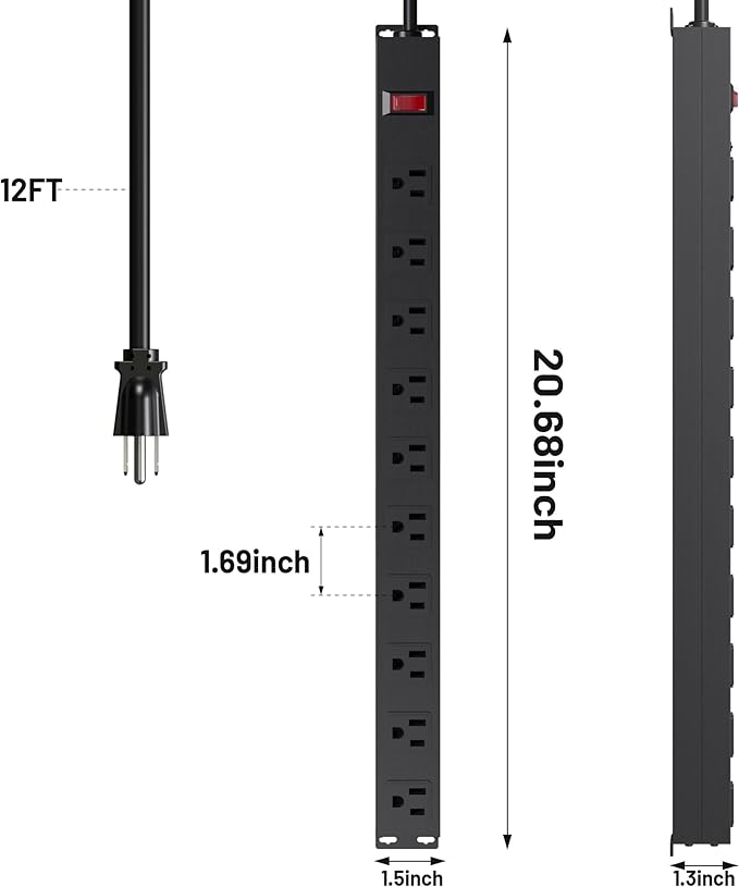 10 Outlet Metal Power Strip with 12Ft/125V/15A Long Extension Cord Black Heavy Duty Power Strip for Kitchen,Office,School,Commercial,Workshop,Industrial,ETL Certified and Listed,Black(12FT)-DeskLoop Office