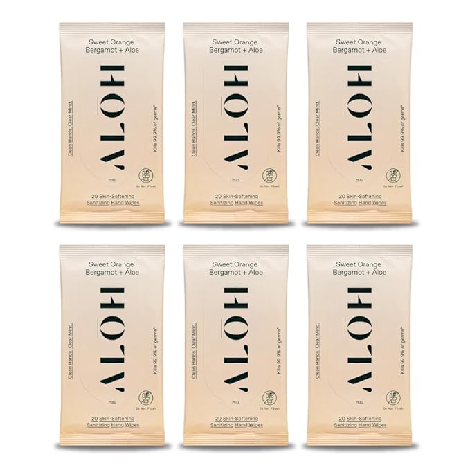 ALŌH Sweet Orange Bergamot + Aloe Sanitizing Hand Wipes - Clean Hands, Clear Mind - On The Go Hand Sanitizer Wipes for Kids and Adults - Travel Size 6 Packs 20ct Wipes (120 wipes)-DeskLoop Office