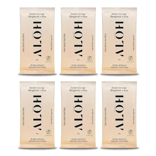 ALŌH Sweet Orange Bergamot + Aloe Sanitizing Hand Wipes - Clean Hands, Clear Mind - On The Go Hand Sanitizer Wipes for Kids and Adults - Travel Size 6 Packs 20ct Wipes (120 wipes)-DeskLoop Office