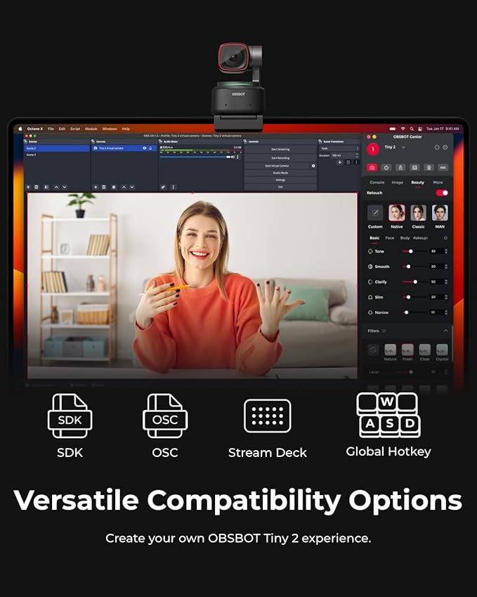 OBSBOT Tiny 2 Webcam 4K Voice Control PTZ, AI Tracking Multi-Mode & Auto Focus, Web Camera with 1/1.5" Sensor, Gesture Control, 60 FPS, HDR Light Correction, Webcam for PC, Streaming, Meeting, etc.-DeskLoop Office