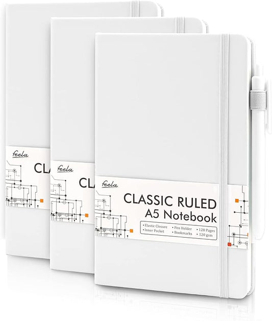 feela 3 Pack Notebooks Journals Bulk, Hardcover Notebook Classic Ruled Lined Journals with Pen Holder for Women Girls School Business Supplies, with 3 Black Pens, 120 GSM, 5.1”x8.3”, A5, White-DeskLoop Office