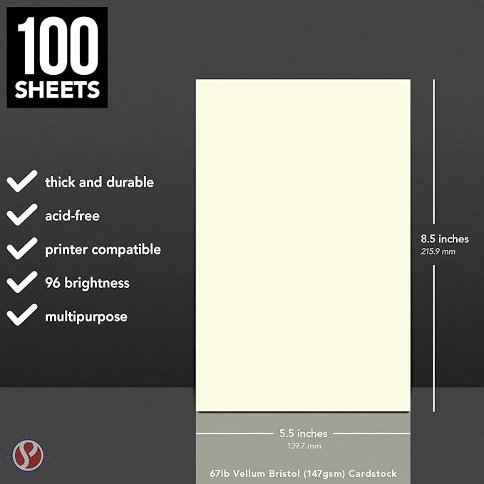 Half Letter Sheets, 8.5 x 5.5" Cream Cardstock for Arts and Crafts, Brochures, Invitations, Stationary Printing, 67lb Vellum Bristol Card Stock – Inkjet or Laser, Thick and Sturdy – 100 per Pack-DeskLoop Office