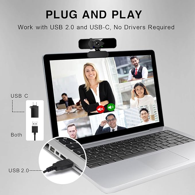 2K Ultra HD Webcam, Computer Camera for PC Monitor Laptop Desktop - External Web Cameras with Microphone, USB C Adapter, Privacy Cover for Video Conferencing, Streaming & Online Learning-DeskLoop Office